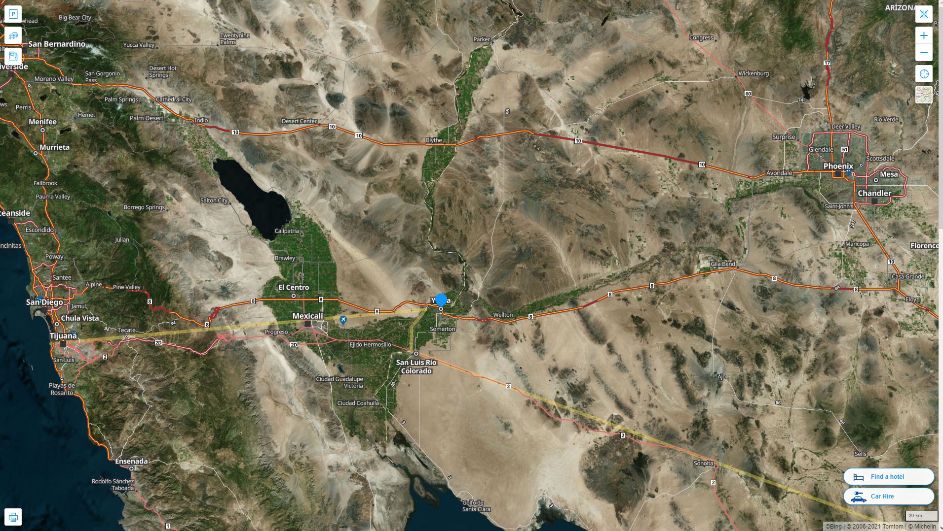 Yuma Arizona Highway and Road Map with Satellite View
